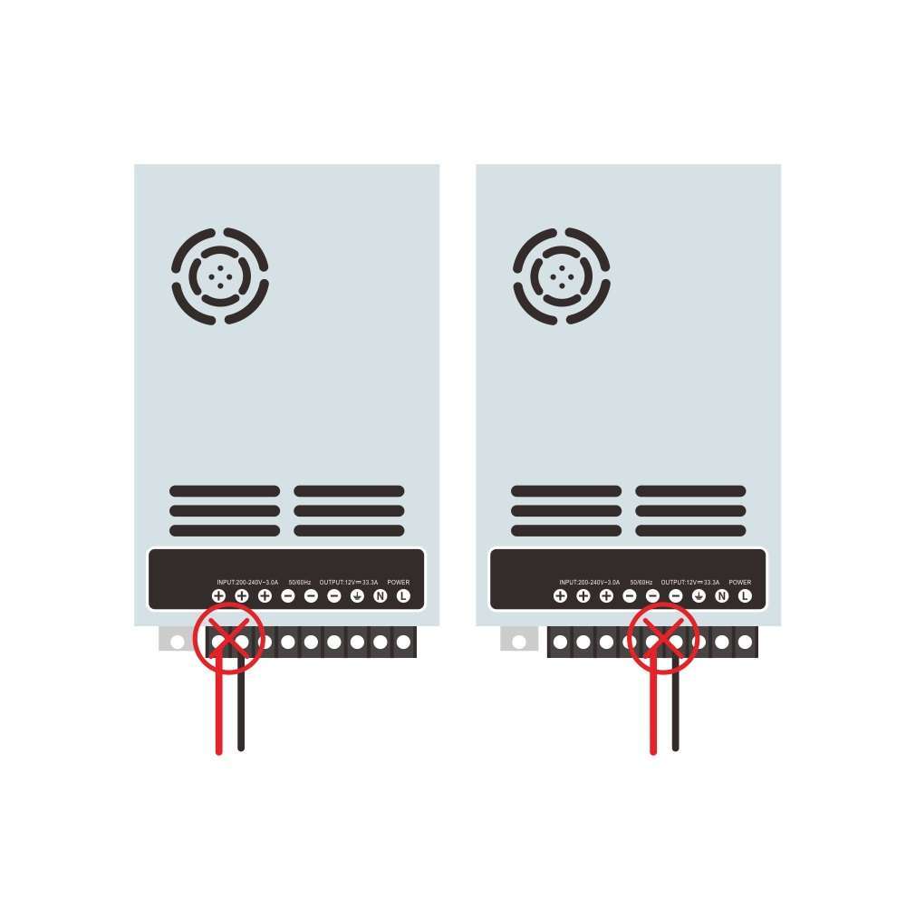 Incorrect wiring example: Power-supply outputs