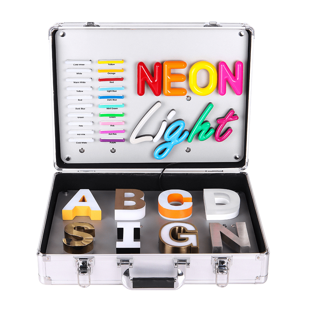 Complete portable sample case with illuminated letters and neon colour samples